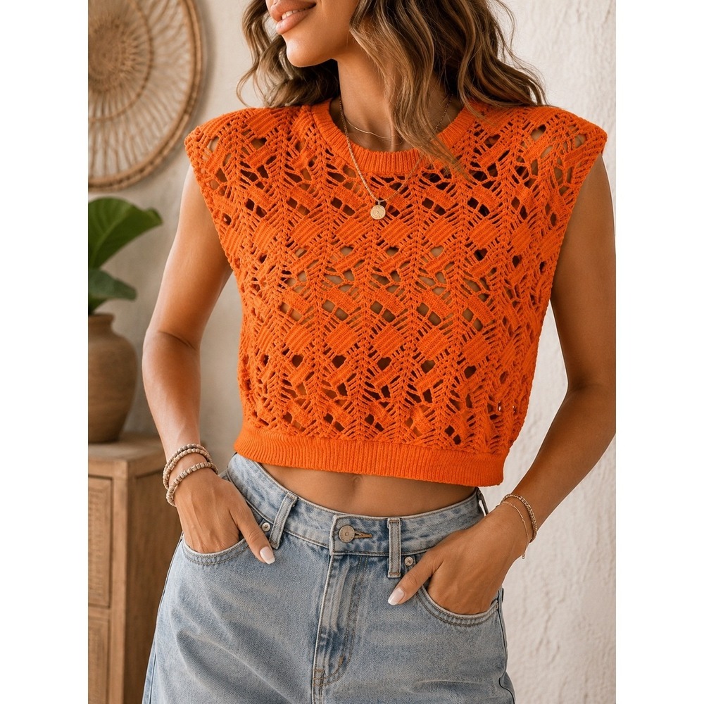 Zara Orange Open Knit Crochet Crop Top Sleeveless Sweater Vest Womens Medium